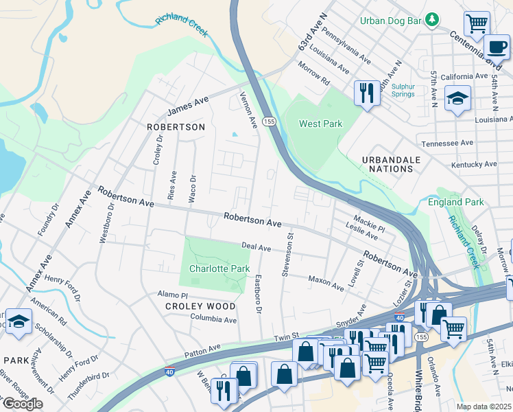 map of restaurants, bars, coffee shops, grocery stores, and more near 606 Vernon Avenue in Nashville