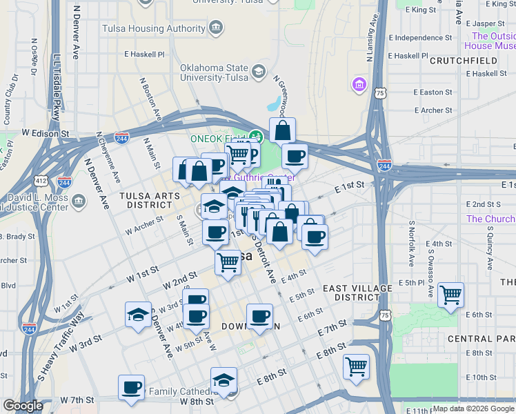 map of restaurants, bars, coffee shops, grocery stores, and more near 4 South Elgin Avenue in Tulsa