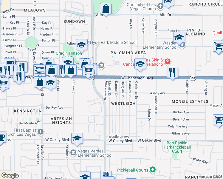 map of restaurants, bars, coffee shops, grocery stores, and more near 1133 Melville Drive in Las Vegas