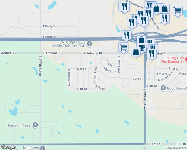 map of restaurants, bars, coffee shops, grocery stores, and more near 316 South 185th East Avenue in Tulsa
