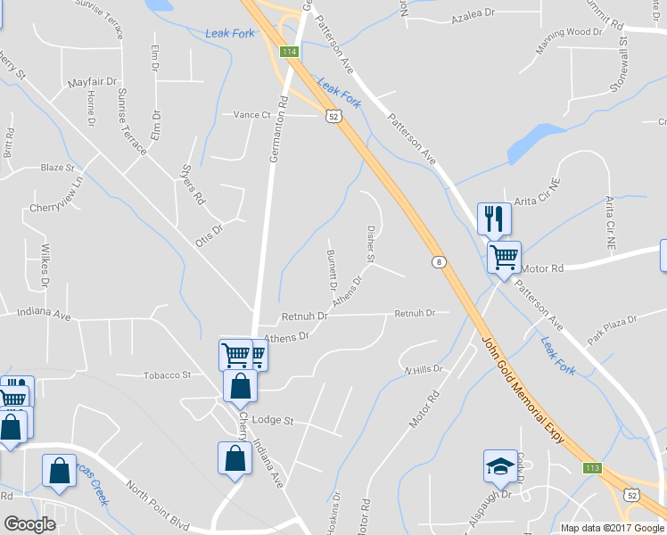 map of restaurants, bars, coffee shops, grocery stores, and more near Burnett Drive in Winston-Salem