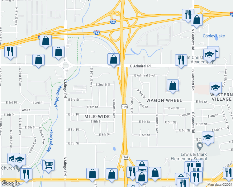 map of restaurants, bars, coffee shops, grocery stores, and more near 227 South 104th East Avenue in Tulsa