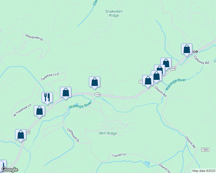 map of restaurants, bars, coffee shops, grocery stores, and more near 144 South Slope Loop in Banner Elk