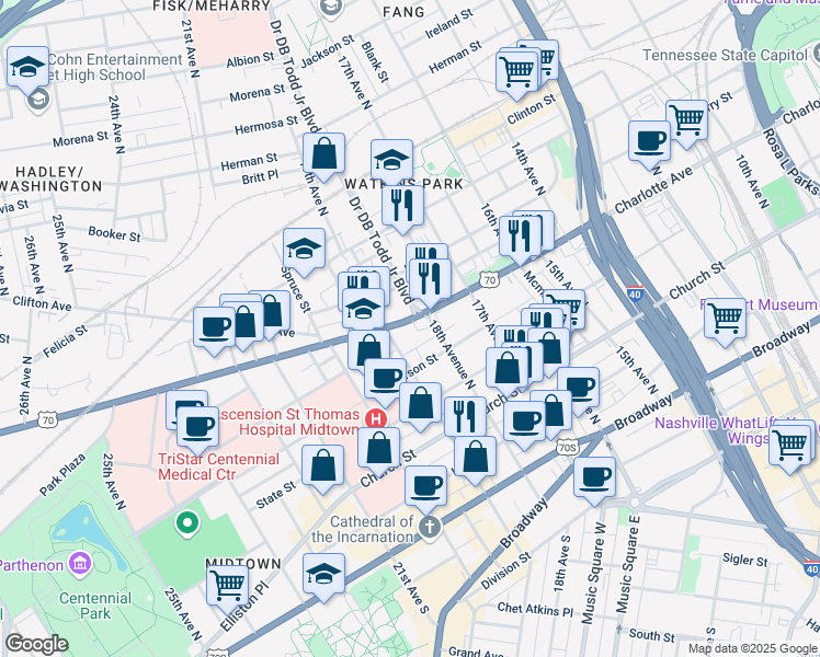 map of restaurants, bars, coffee shops, grocery stores, and more near 1811 Charlotte Avenue in Nashville