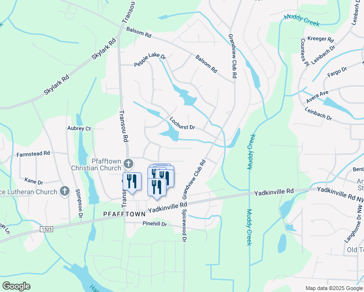 map of restaurants, bars, coffee shops, grocery stores, and more near 4531 Stimpson Ridge Drive in Pfafftown
