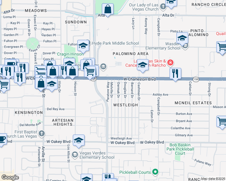 map of restaurants, bars, coffee shops, grocery stores, and more near 1133 Melville Drive in Las Vegas