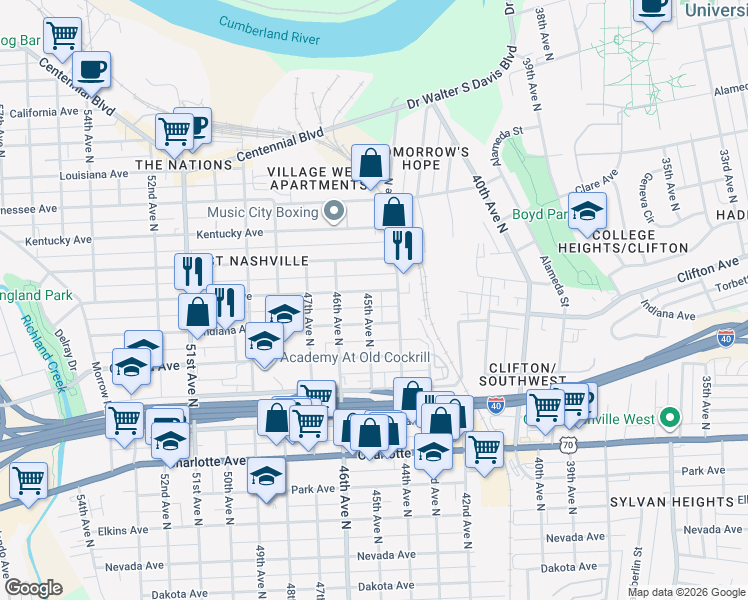 map of restaurants, bars, coffee shops, grocery stores, and more near 808 45th Avenue North in Nashville