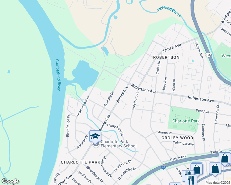 map of restaurants, bars, coffee shops, grocery stores, and more near 536 Foundry Drive in Nashville