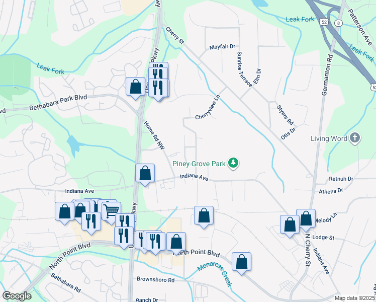 map of restaurants, bars, coffee shops, grocery stores, and more near Deland Street in Winston-Salem