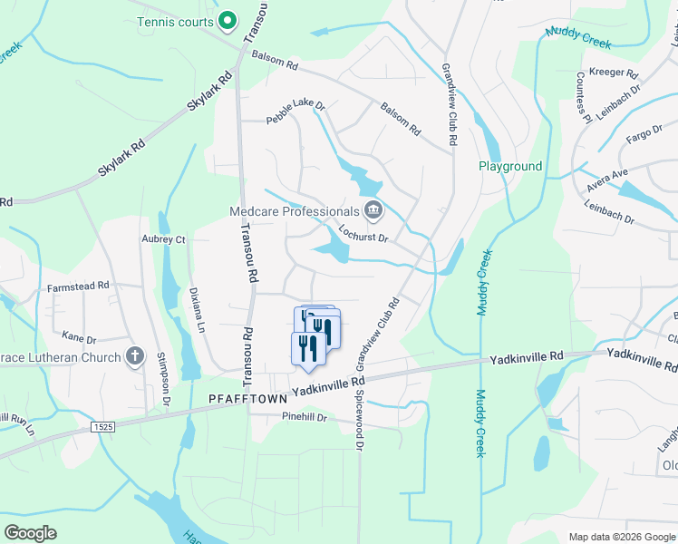 map of restaurants, bars, coffee shops, grocery stores, and more near 4549 Stimpson Ridge Drive in Pfafftown