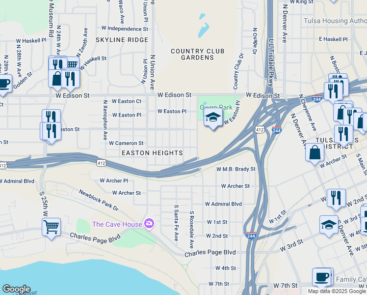 map of restaurants, bars, coffee shops, grocery stores, and more near 1410 West Cameron Street in Tulsa