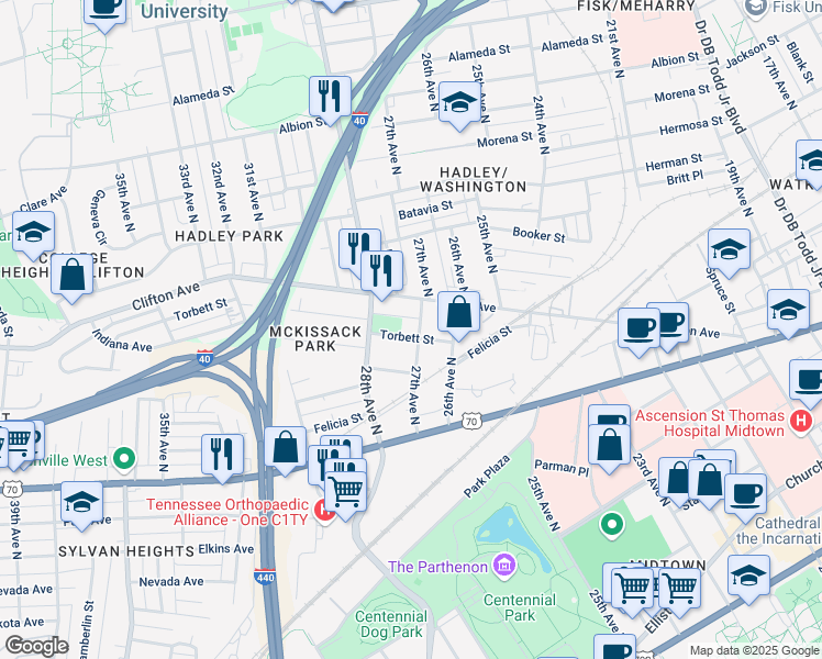map of restaurants, bars, coffee shops, grocery stores, and more near 2702 Torbett Street in Nashville