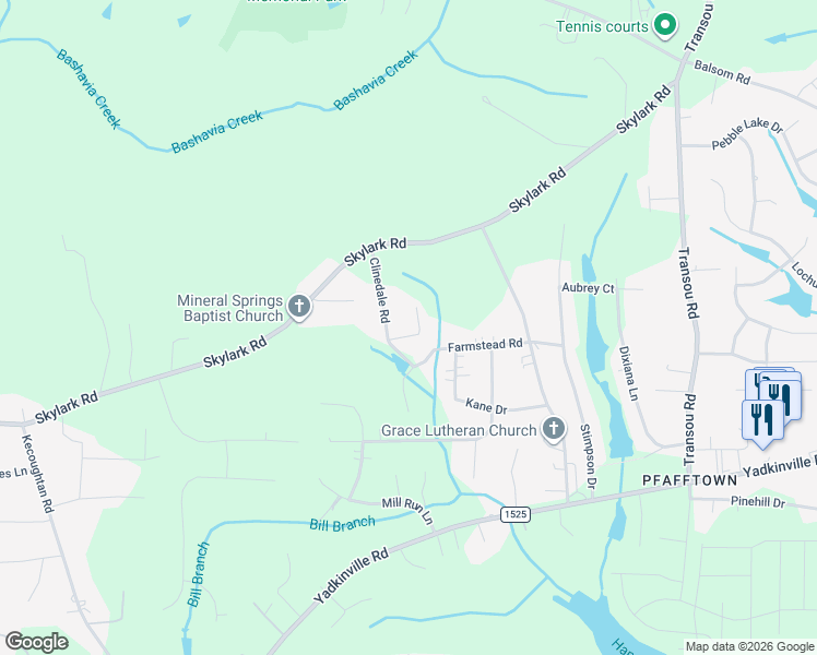 map of restaurants, bars, coffee shops, grocery stores, and more near 5625 Clinedale Court in Pfafftown