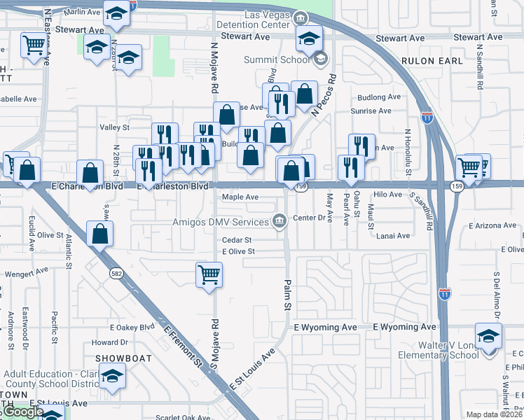 map of restaurants, bars, coffee shops, grocery stores, and more near 1190 South Mojave Road in Las Vegas