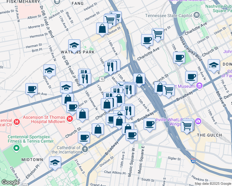 map of restaurants, bars, coffee shops, grocery stores, and more near 1616 State Street in Nashville
