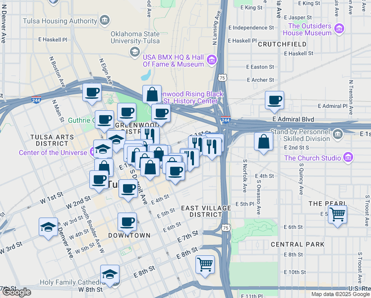 map of restaurants, bars, coffee shops, grocery stores, and more near 723 East 2nd Street in Tulsa