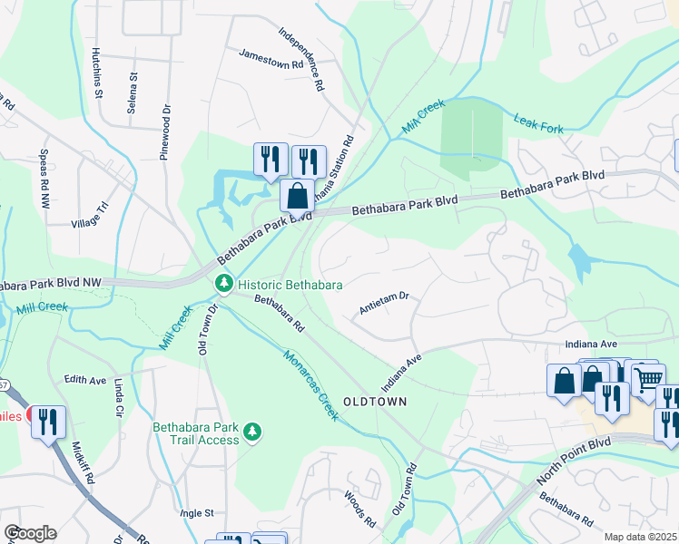 map of restaurants, bars, coffee shops, grocery stores, and more near 2075 Brian Center Court in Winston-Salem