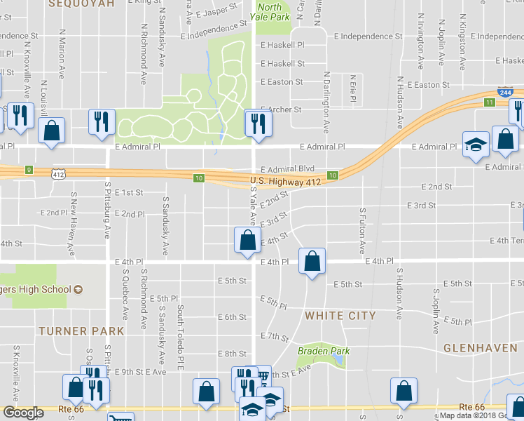 map of restaurants, bars, coffee shops, grocery stores, and more near 4910 East 2nd Street in Tulsa