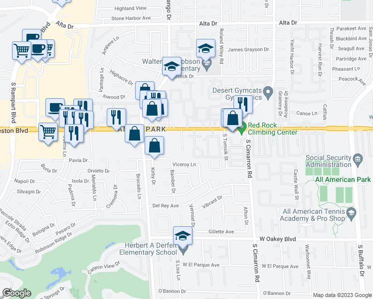 map of restaurants, bars, coffee shops, grocery stores, and more near 1300 Emerywood Court in Las Vegas