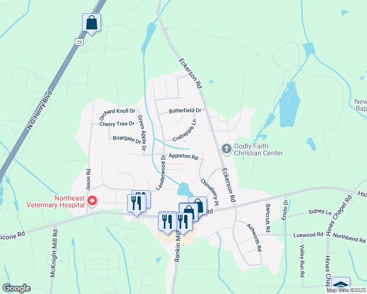 map of restaurants, bars, coffee shops, grocery stores, and more near 5501 Crabapple Court in Greensboro