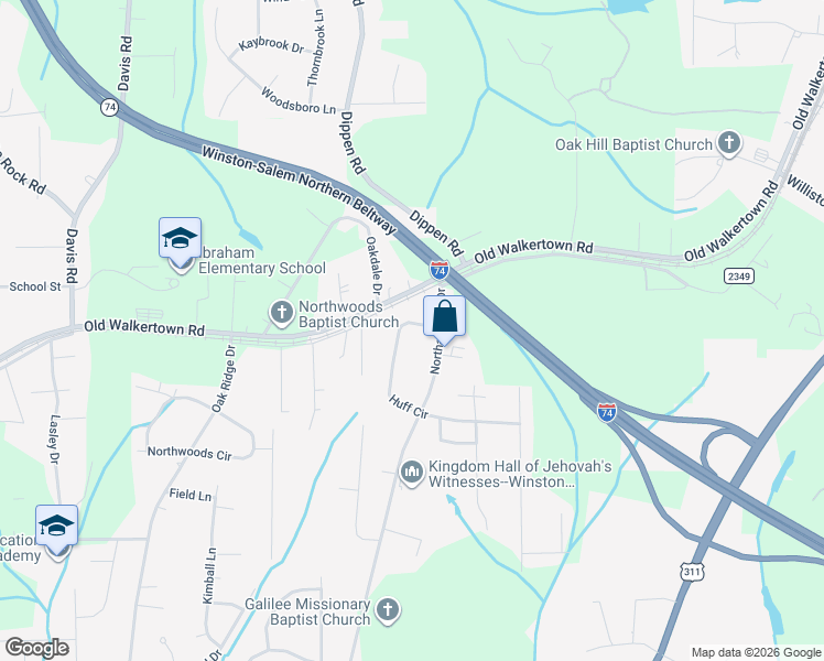 map of restaurants, bars, coffee shops, grocery stores, and more near 113 Huff Circle in Winston-Salem
