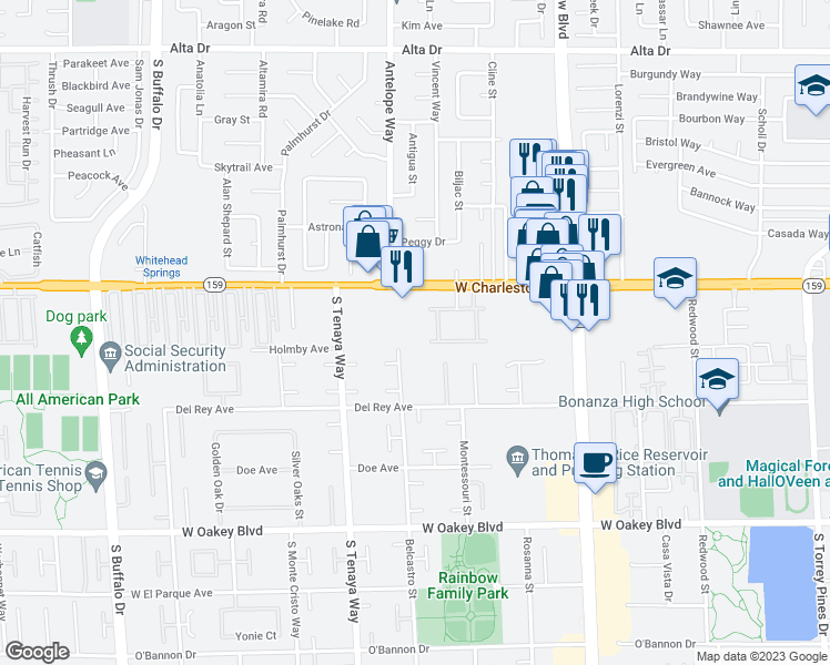 map of restaurants, bars, coffee shops, grocery stores, and more near 7191 West Charleston Boulevard in Las Vegas