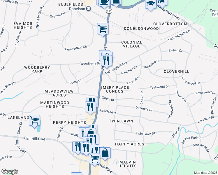 map of restaurants, bars, coffee shops, grocery stores, and more near 323 Donelson Pike in Nashville