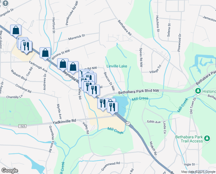 map of restaurants, bars, coffee shops, grocery stores, and more near 2904 Pioneer Trail in Winston-Salem