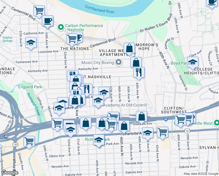 map of restaurants, bars, coffee shops, grocery stores, and more near 4701 Illinois Avenue in Nashville