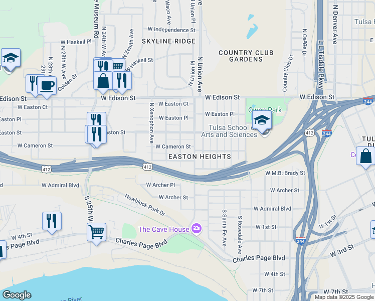 map of restaurants, bars, coffee shops, grocery stores, and more near 1716 W Cameron St in Tulsa
