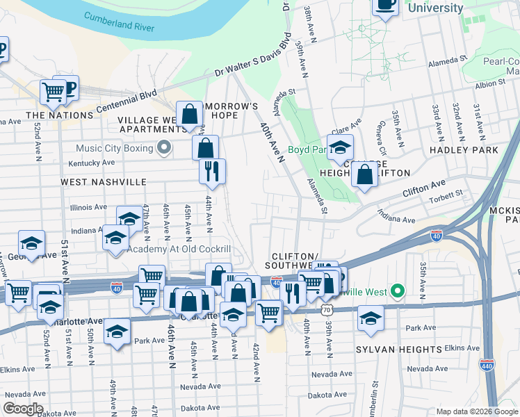 map of restaurants, bars, coffee shops, grocery stores, and more near 701 41st Avenue North in Nashville