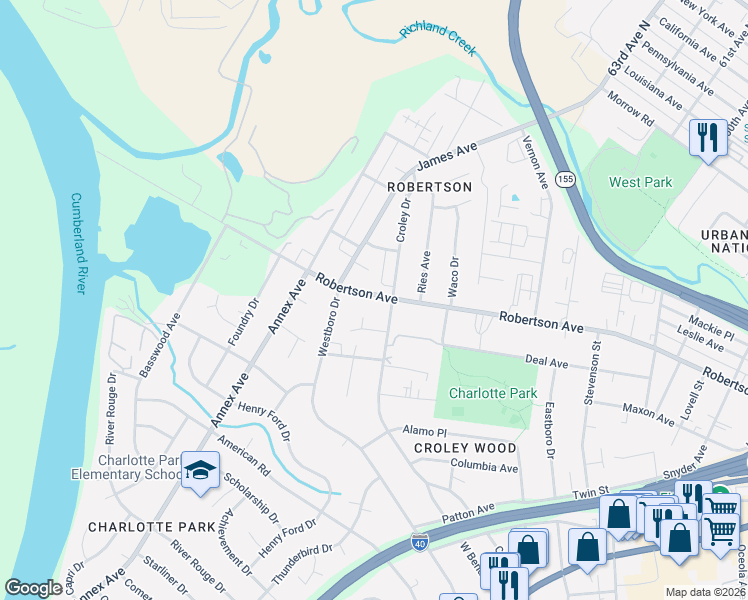 map of restaurants, bars, coffee shops, grocery stores, and more near 6305 Robertson Avenue in Nashville
