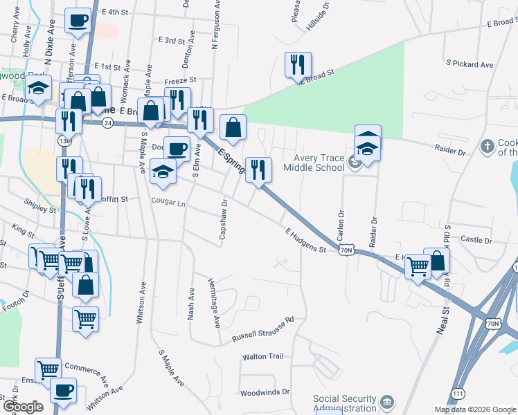 map of restaurants, bars, coffee shops, grocery stores, and more near 914 East Hudgens Street in Cookeville