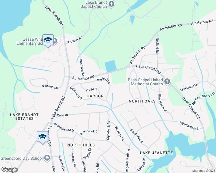 map of restaurants, bars, coffee shops, grocery stores, and more near 5806 Bayleaf Lane in Greensboro