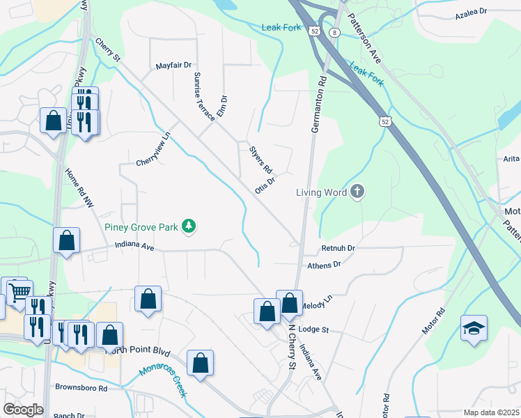 map of restaurants, bars, coffee shops, grocery stores, and more near 4794 Cherry Street in Winston-Salem