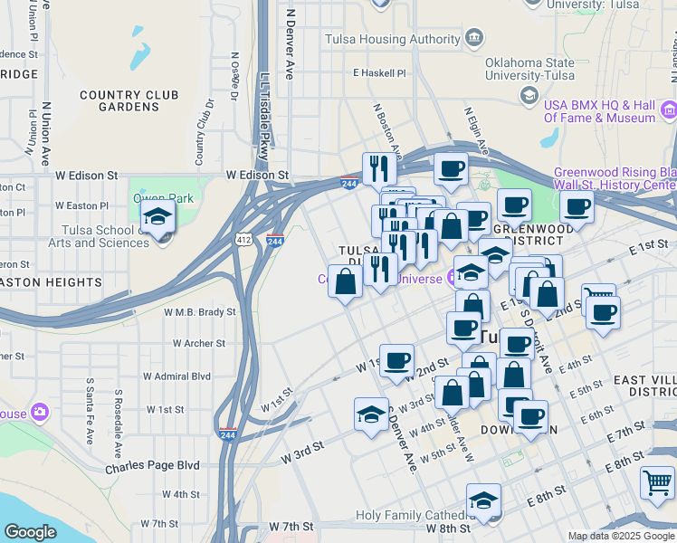 map of restaurants, bars, coffee shops, grocery stores, and more near 215 East Mathew Brady Street in Tulsa