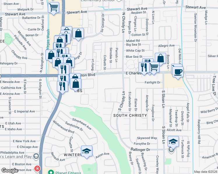 map of restaurants, bars, coffee shops, grocery stores, and more near 5436 Burkshire Drive in Las Vegas