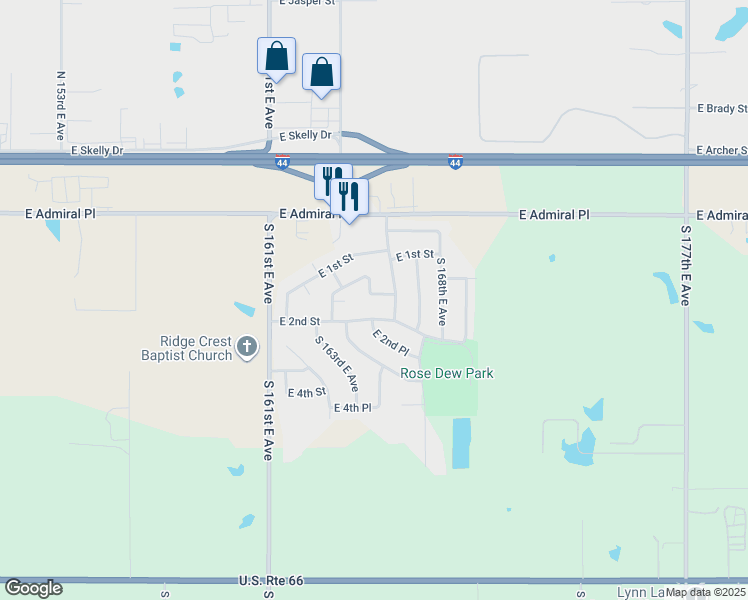 map of restaurants, bars, coffee shops, grocery stores, and more near 16460 East 1st Place in Tulsa