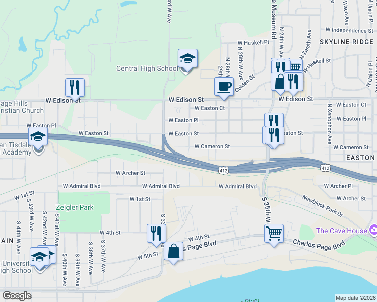 map of restaurants, bars, coffee shops, grocery stores, and more near 219 North 31st West Avenue in Tulsa
