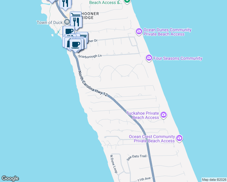 map of restaurants, bars, coffee shops, grocery stores, and more near 113 Plover Drive in Kitty Hawk