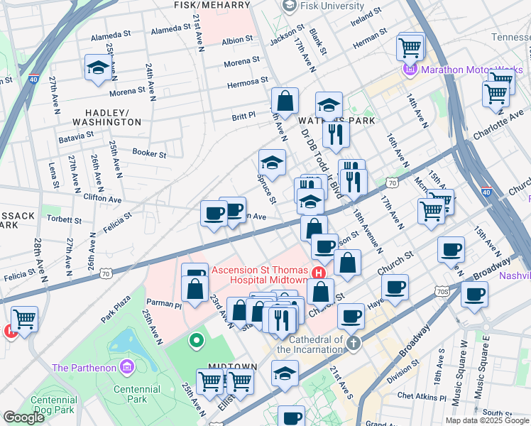 map of restaurants, bars, coffee shops, grocery stores, and more near 2010 Clifton Avenue in Nashville