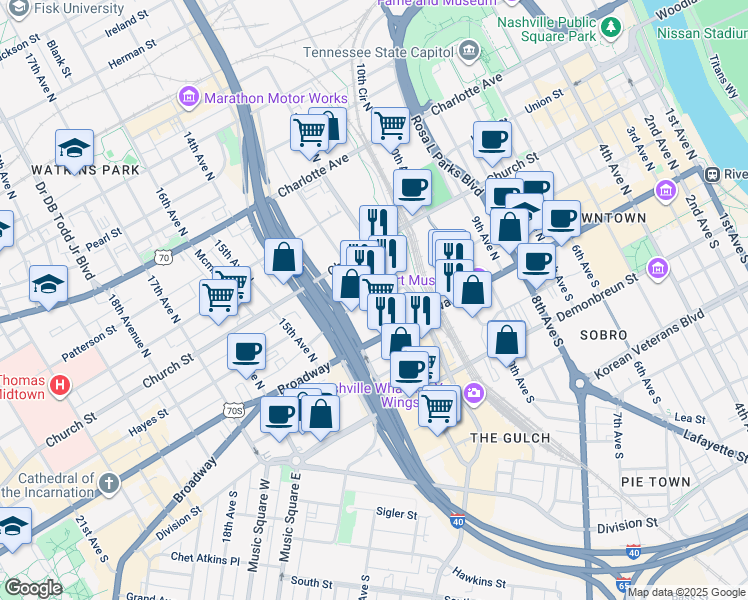 map of restaurants, bars, coffee shops, grocery stores, and more near 121 12th Avenue North in Nashville