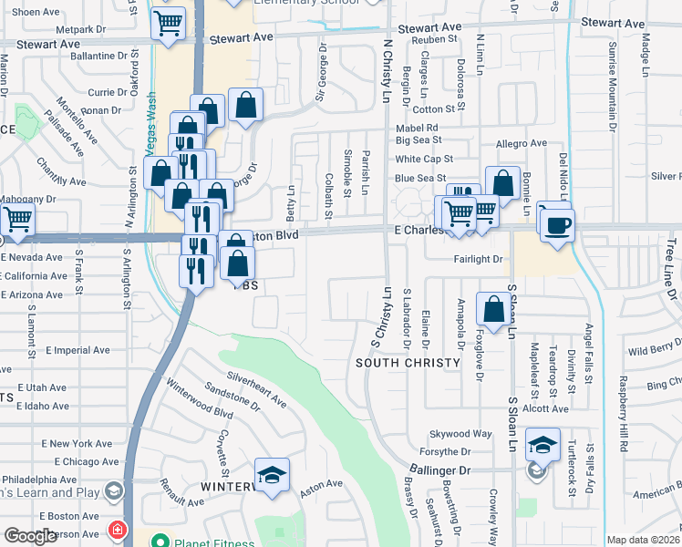 map of restaurants, bars, coffee shops, grocery stores, and more near 5436 Burkshire Drive in Las Vegas