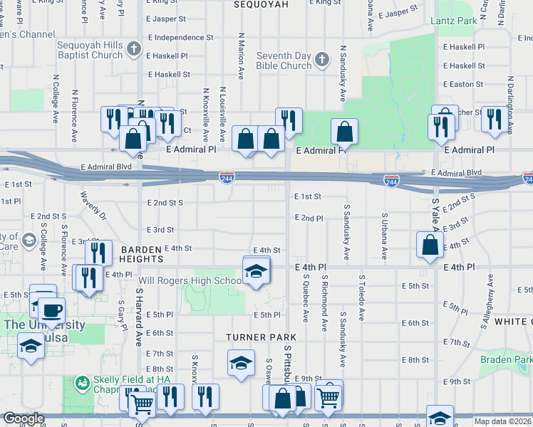 map of restaurants, bars, coffee shops, grocery stores, and more near 3917 East 2nd Place in Tulsa
