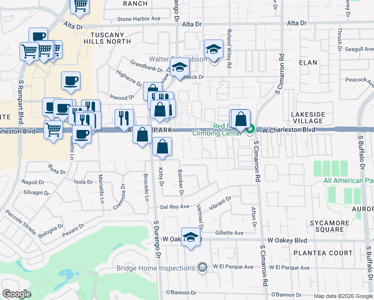 map of restaurants, bars, coffee shops, grocery stores, and more near 1300 Emerywood Court in Las Vegas