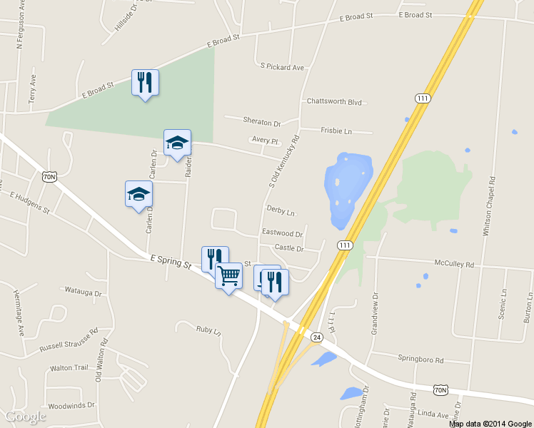 map of restaurants, bars, coffee shops, grocery stores, and more near 1301 Derby Lane in Cookeville