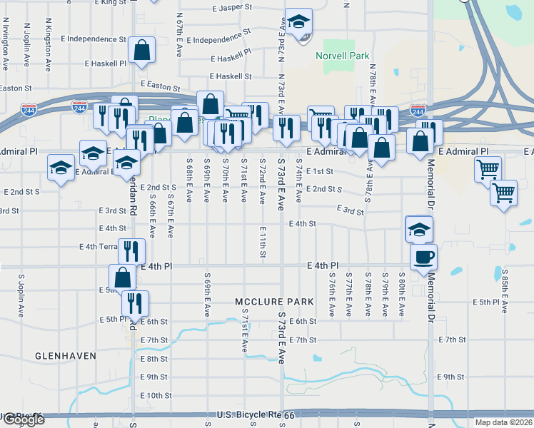 map of restaurants, bars, coffee shops, grocery stores, and more near 237 South 72nd East Avenue in Tulsa