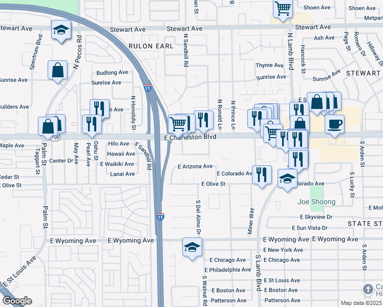 map of restaurants, bars, coffee shops, grocery stores, and more near 3890 East Arizona Avenue in Las Vegas