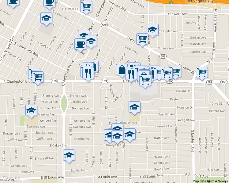 map of restaurants, bars, coffee shops, grocery stores, and more near 1618 Thelma Lane in Las Vegas