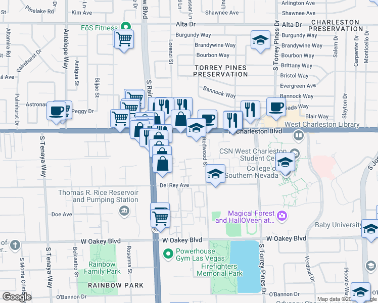 map of restaurants, bars, coffee shops, grocery stores, and more near 6729 West Charleston Boulevard in Las Vegas